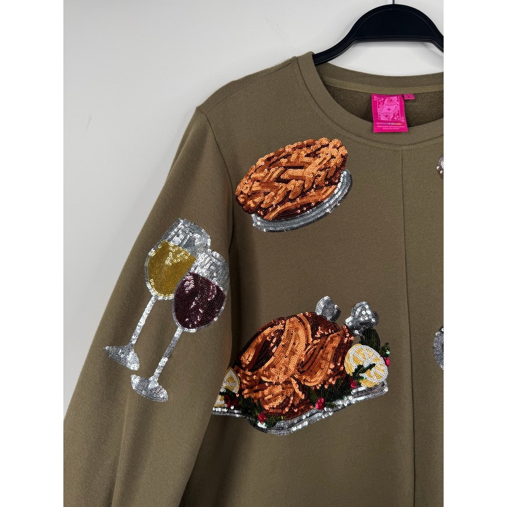 Queen of Sparkles Thanksgiving Sequin Turkey Food Sweatshirt Olive Green Women S - Picture 2 of 14